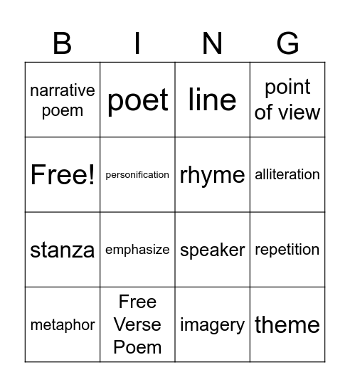Poetry Vocabulary Bingo Card