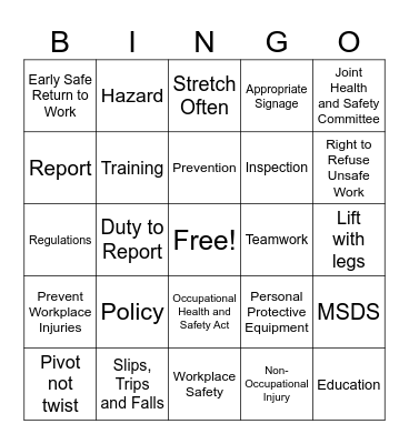 Health and Safety Week Bingo Card