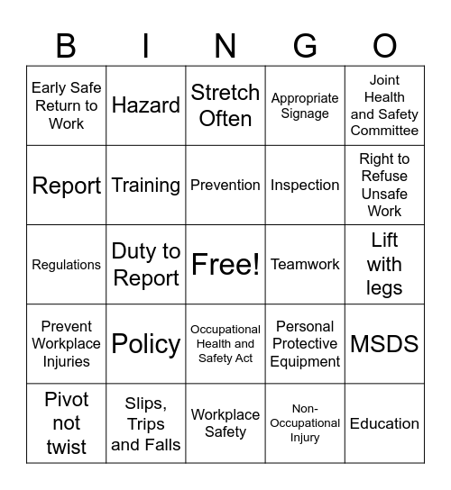 Health and Safety Week Bingo Card