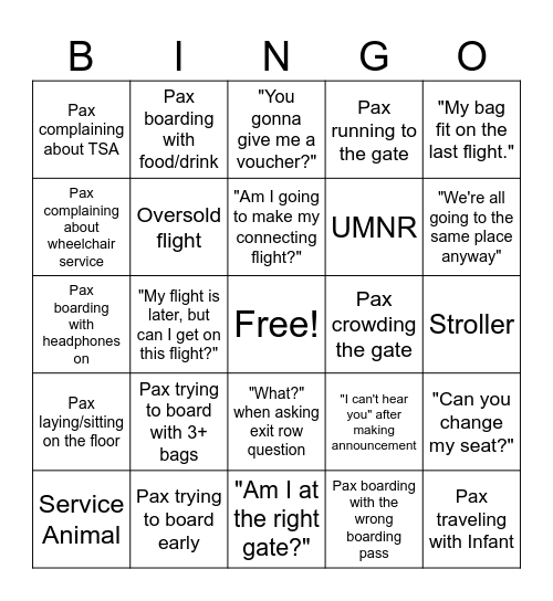 Gate Agent Bingo Card