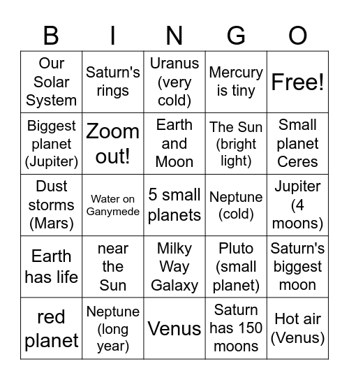 Space Bingo Card