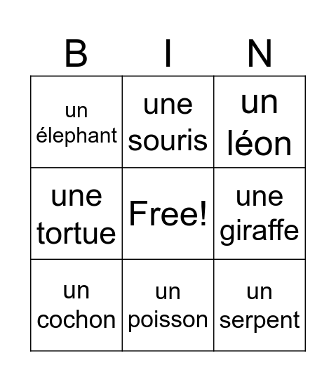 Les animaux Bingo Card