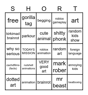 shorts bingo Card