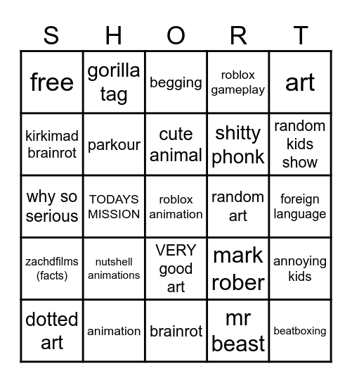 shorts bingo Card