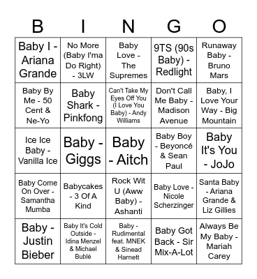 'Baby' Songs Bingo Card