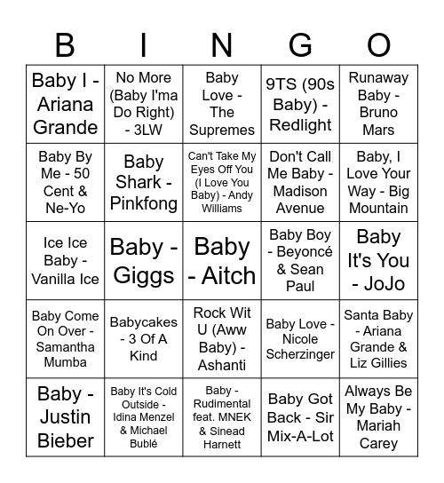 'Baby' Songs Bingo Card