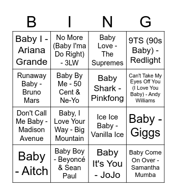 'Baby' Songs Bingo Card