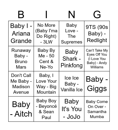 'Baby' Songs Bingo Card