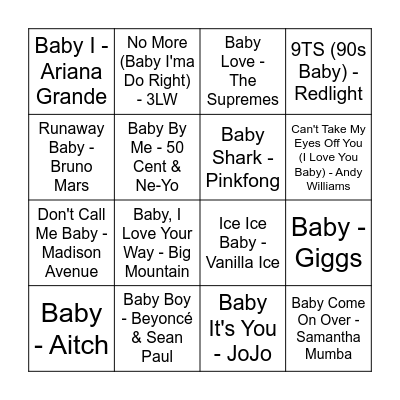 'Baby' Songs Bingo Card