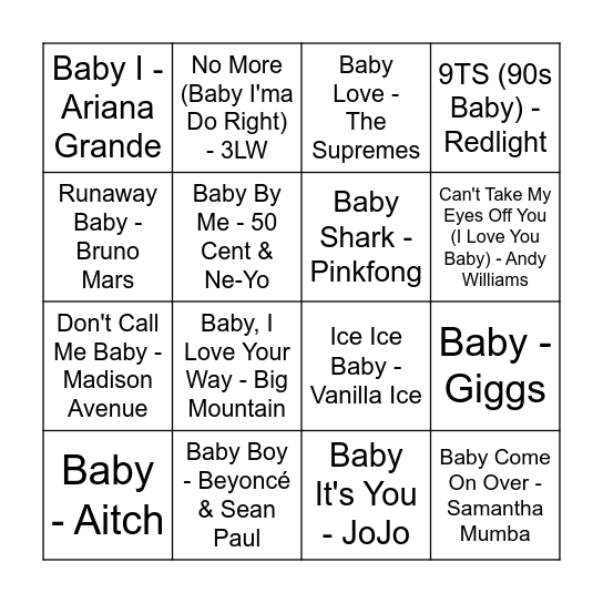 'Baby' Songs Bingo Card