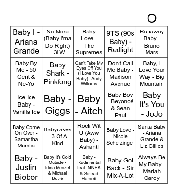 'Baby' Songs Bingo Card
