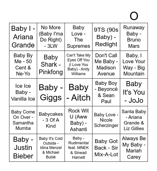 'Baby' Songs Bingo Card