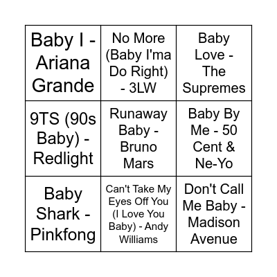 'Baby' Songs Bingo Card
