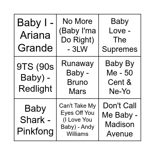 'Baby' Songs Bingo Card