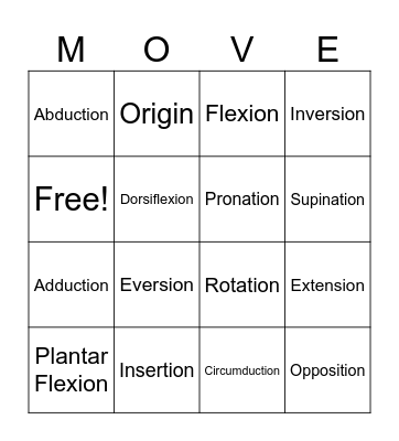 Body Movement Bingo Card