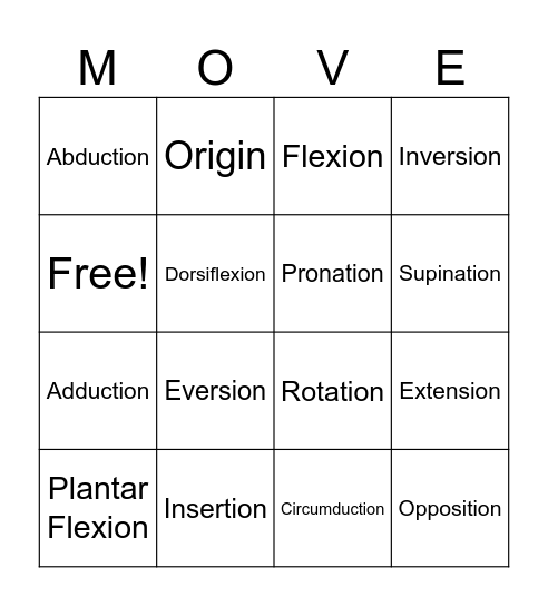 Body Movement Bingo Card