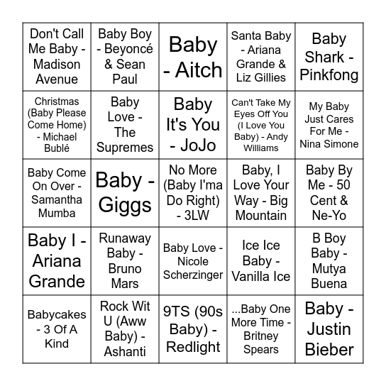 'Baby' Songs Bingo! Bingo Card