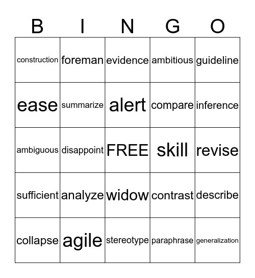 Vocabulary  Bingo Card