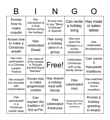 CFFS Holiday BingoHas participated in a Christmas cookie swap Bingo Card