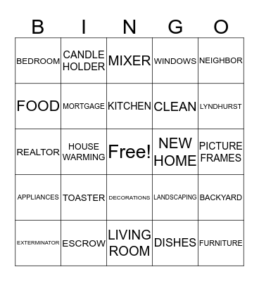 LAUREN'S HOUSE WARMING Bingo Card