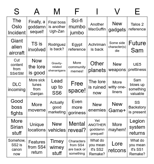 Serious Sam 5 Bingo Card Bingo Card