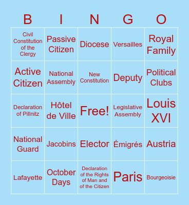 Stage Three: French Revolution Bingo Card