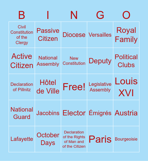 Stage Three: French Revolution Bingo Card