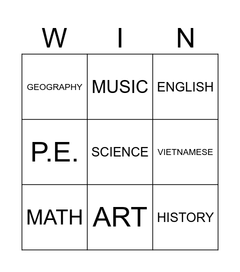 SUBJECTS Bingo Card