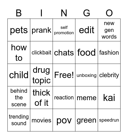 shorts Bingo Card