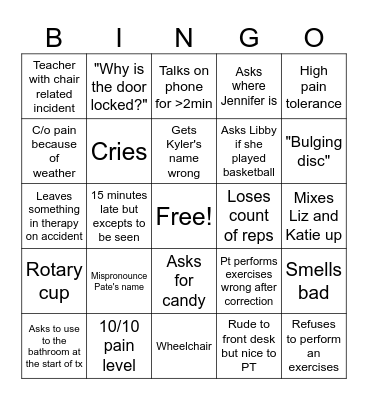 Physical Therapy Bingo Card