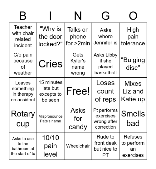 Physical Therapy Bingo Card