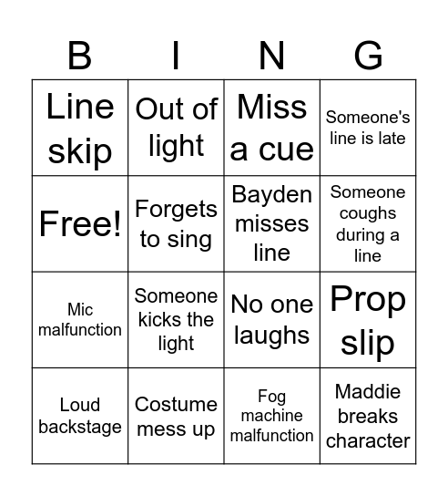 Opening night Bingo Card