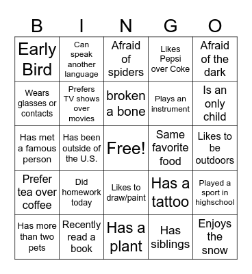 Get To Know You Bingo Card