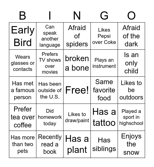 Get To Know You Bingo Card