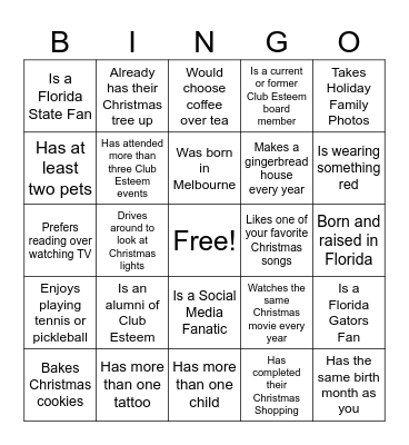 Club Esteem's Mix & Mingle Find a Guest Bingo Card