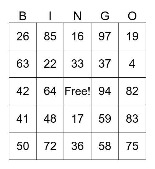 Place Value Bingo Card