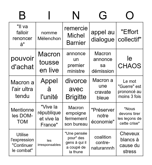 BINGO ALLOCUTION MACRON Bingo Card