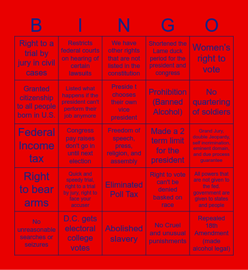 Red-White and Amendment Bingo Card