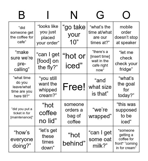 Starbucks Bingo Card