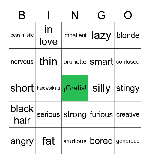 Unidad 1- Characteristics & Feelings (AHS Sp. 2) Bingo Card