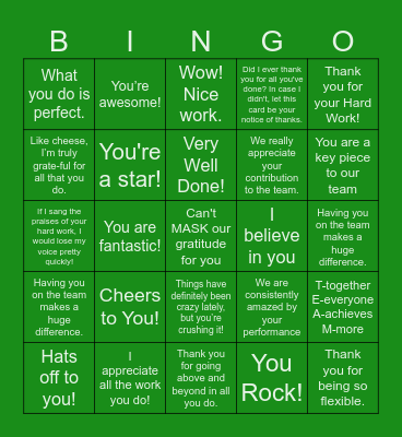 Employee Appreciation Bingo Card