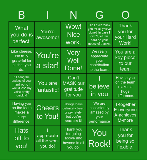 Employee Appreciation Bingo Card