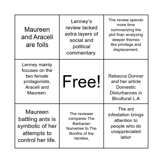 Lenney Review Bingo Card