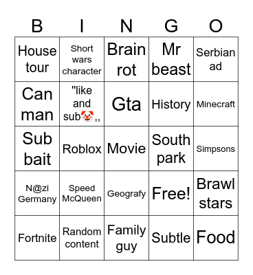 YouTube shorts Bingo Card