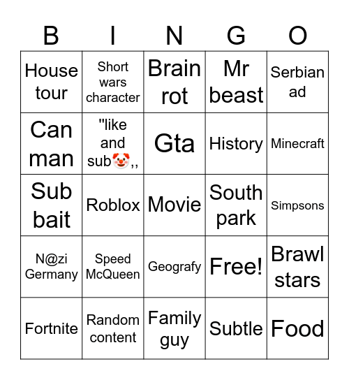 YouTube shorts Bingo Card