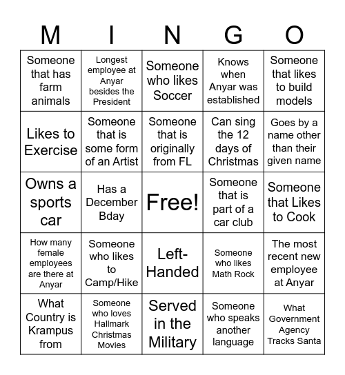 MINGO Bingo Card