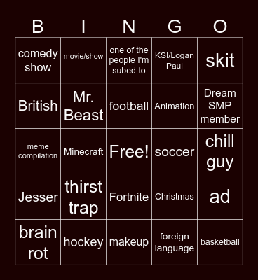 Youtube shorts Bingo Card