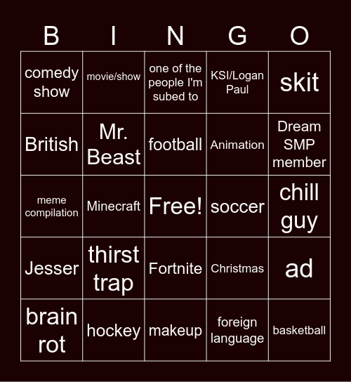 Youtube shorts Bingo Card