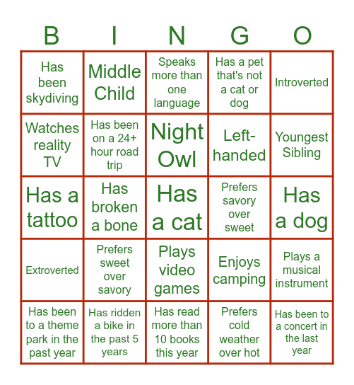 Getting to Know You Better Bingo Card