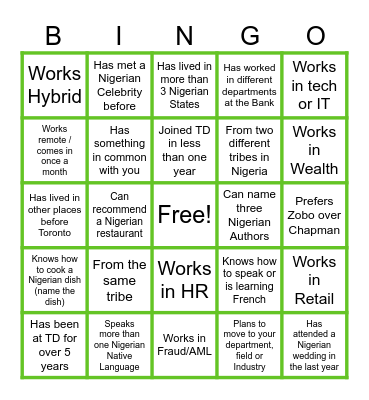 TD NAIJA Downtown Toronto Meet Up Bingo Card